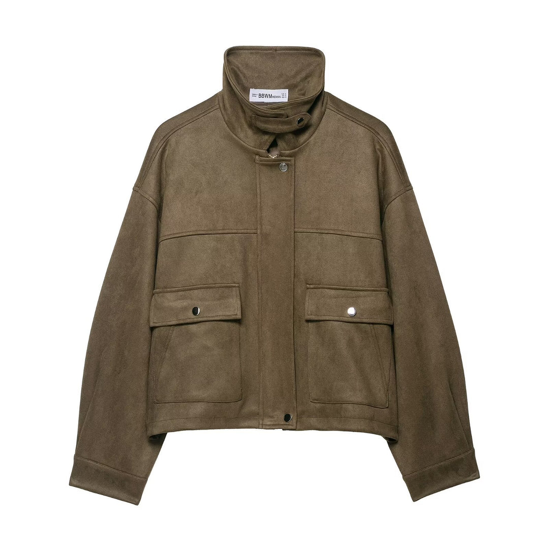 Damen Kurzjacke aus Veloursimitat mit hohem Funnelkragen und Pattentaschen Nord Taschen