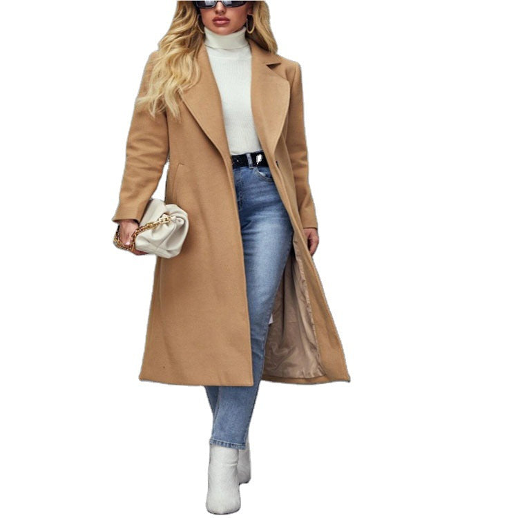 Damen Maxilanger Wollmix-Classiccoat mit minimalistischer Taillierung und verdeckter Knopfleiste Nord Taschen
