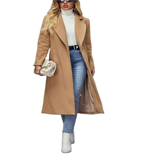 Damen Maxilanger Wollmix-Classiccoat mit minimalistischer Taillierung und verdeckter Knopfleiste Nord Taschen