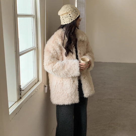 Damen Flauschiger Teddy-Mantel aus Kunstfell mit Hemdkragen und Boxy‑Silhouette Nord Taschen