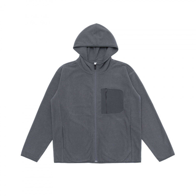Unisex Kapuzen-Fleecejacke mit durchgehendem Reißverschluss, Strukturstrick und Brust-Reißverschlusstasche Nord Taschen