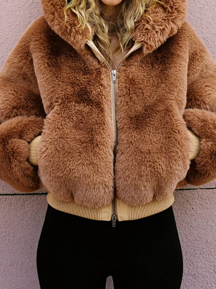 Damen Kurze Teddy-Fauxfur-Bomberjacke mit Kapuze, breitem Rippsaum und Zweiwege-Reißverschluss Nord Taschen