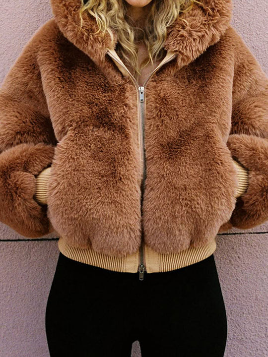 Damen Kurze Teddy-Fauxfur-Bomberjacke mit Kapuze, breitem Rippsaum und Zweiwege-Reißverschluss Nord Taschen