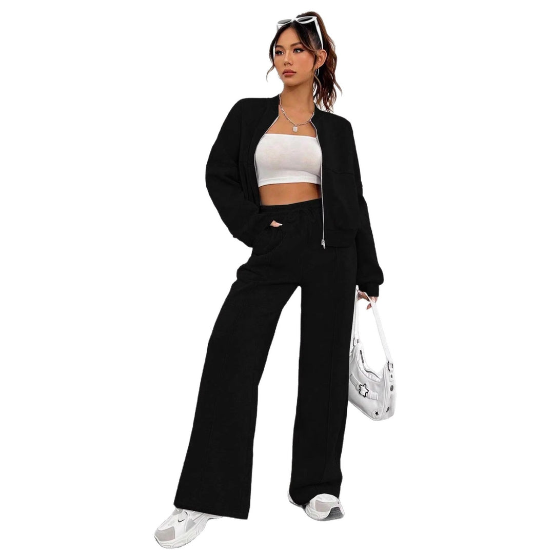 Damen kurze Sweatjacke mit Reißverschluss und High-Waist weitem Jogginghosen-Set Nord Taschen