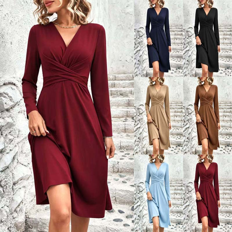 Damen Wickel-Midikleid mit V-Ausschnitt und taillierter Drapierung Nord Taschen