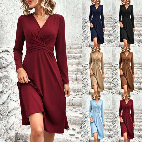Damen Wickel-Midikleid mit V-Ausschnitt und taillierter Drapierung Nord Taschen
