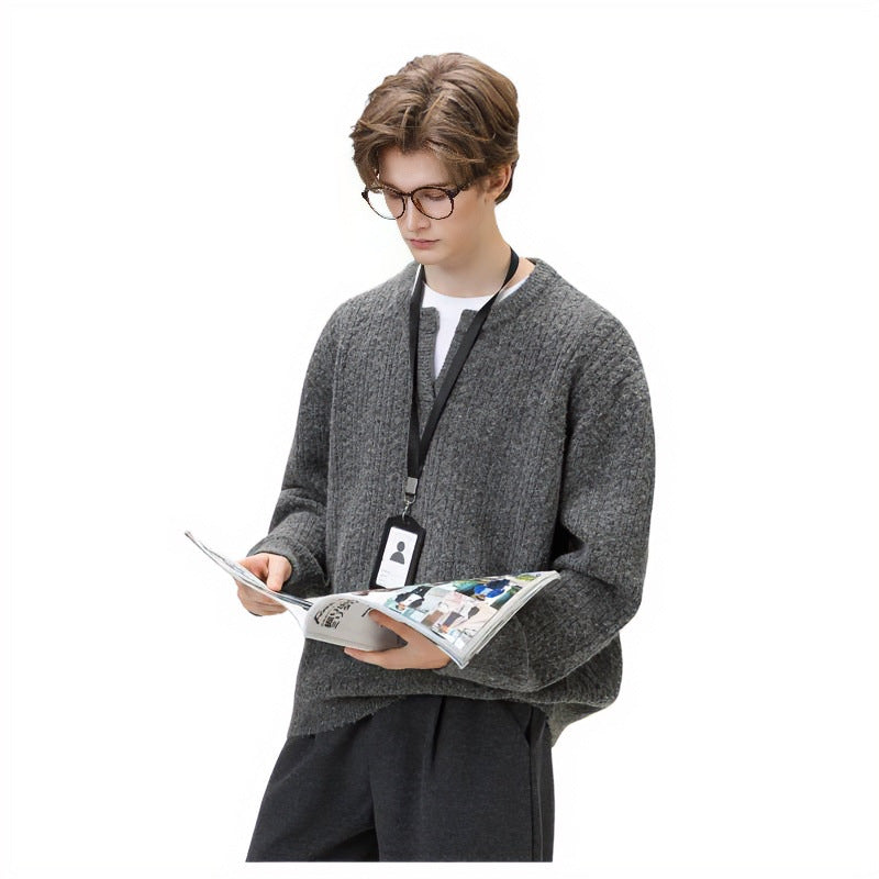 Damen Grobgestrickter Zopfmuster-Pullover mit V‑Ausschnitt und Lagen‑Optik Nord Taschen