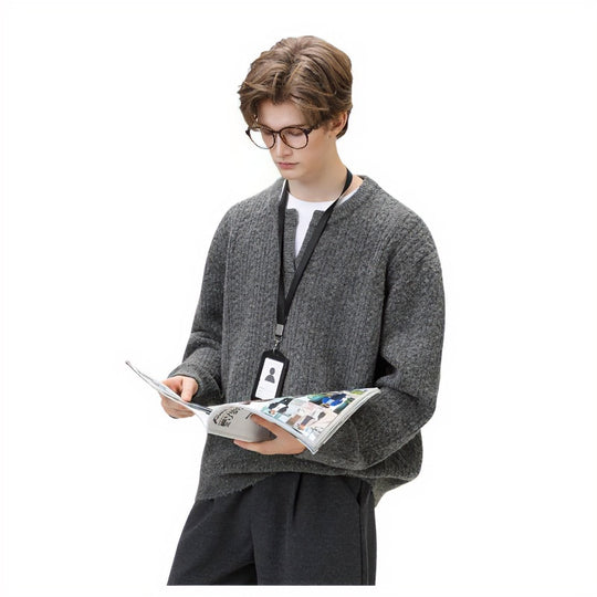 Damen Grobgestrickter Zopfmuster-Pullover mit V‑Ausschnitt und Lagen‑Optik Nord Taschen