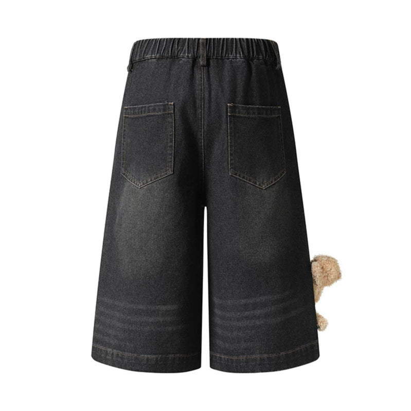 Damen Verspielte Denim-Culotte-Shorts mit hohem Komfortbund, Allover-Doodle-Print & Teddy-Anhänger Nord Taschen