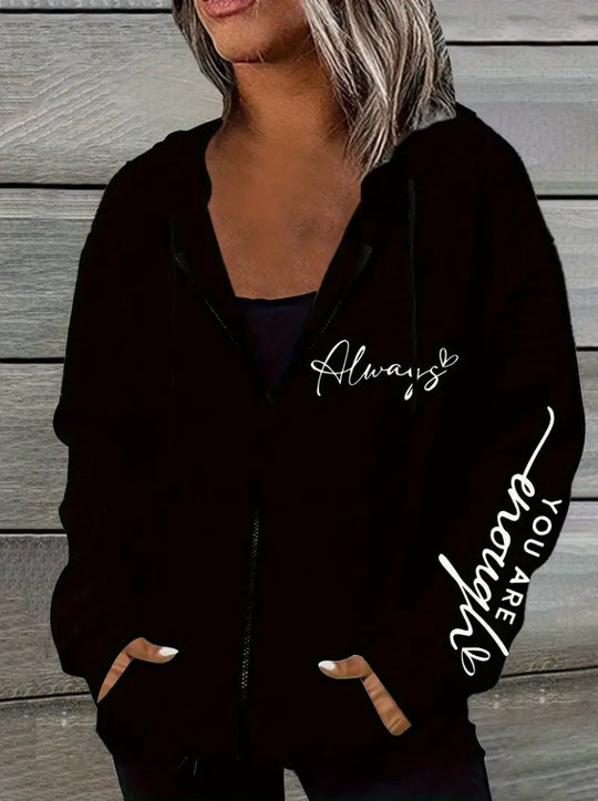 Damen nan oversized Kapuzenjacke mit Reißverschluss, handgeschriNord Taschenener Typo-Applikation und Kontrast-Eingrifftaschen