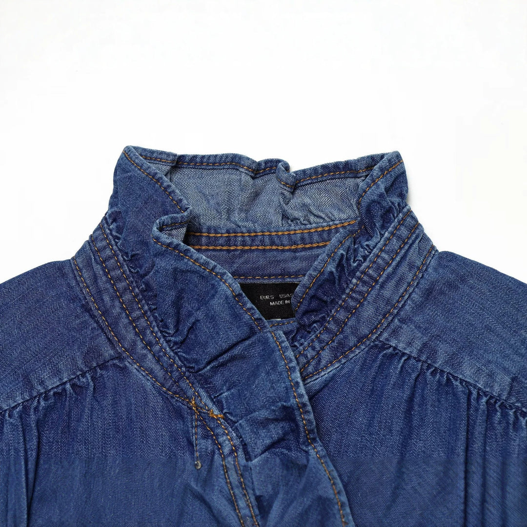 Damen Weiche Denim-Tunika mit Rüschenblende, Stehkragen und Ballonärmeln Nord Taschen