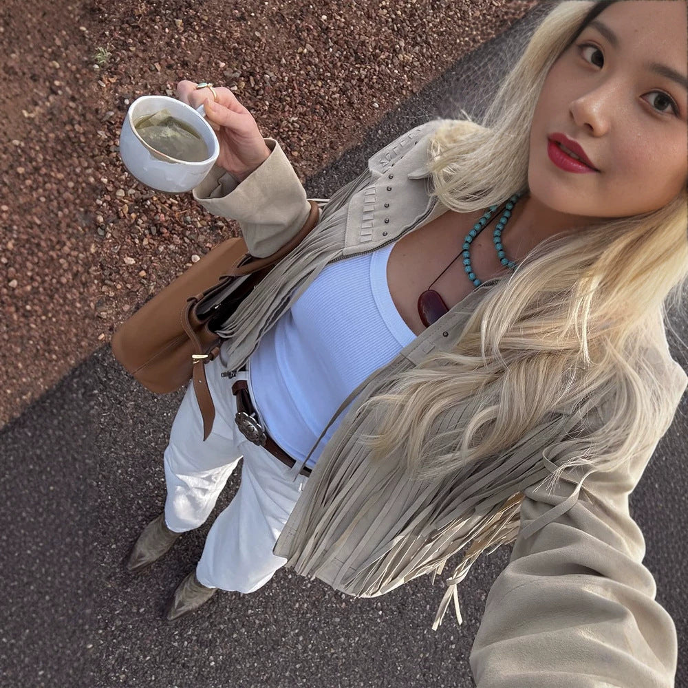Damen Kurzfransen-Suedejacke im Westernstil mit Ziernähten und Nieten Nord Taschen