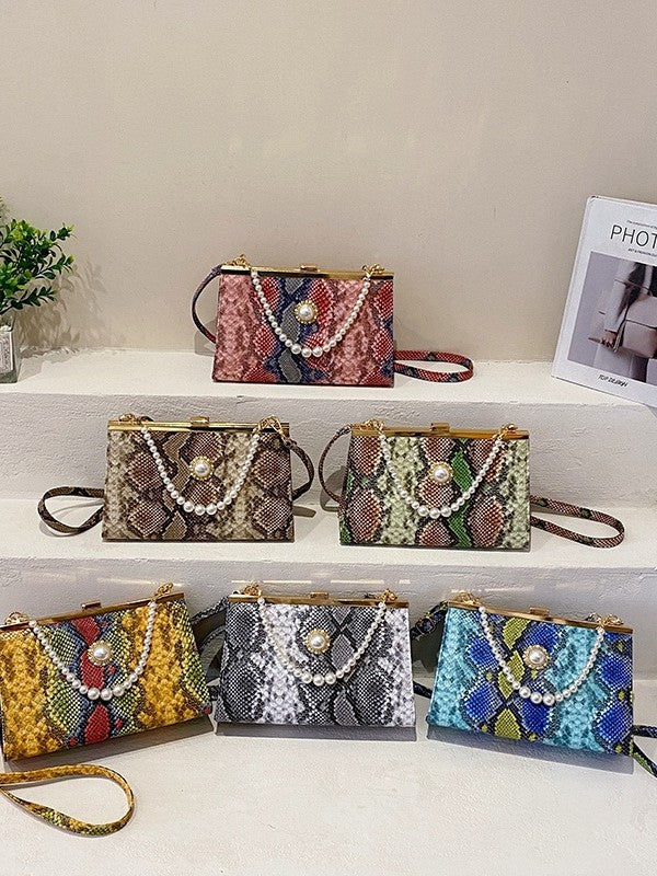 Damen elegante Abendtasche im Schlangenleder-Look mit Perlenakzent Nord Taschen