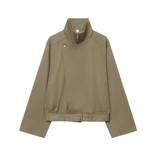 Damen Kurzblouson mit hohem Stehkragen, verdecktem Reißverschluss und Taillengürtel Nord Taschen
