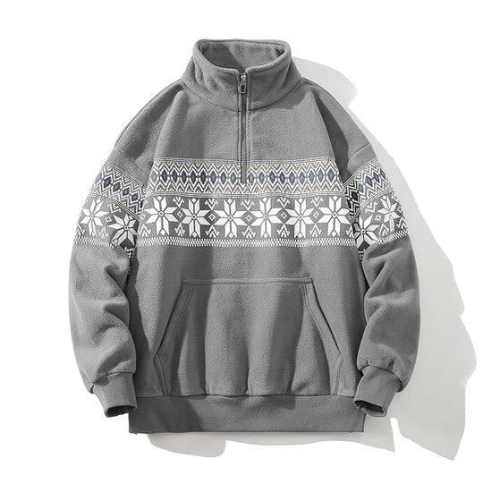 Unisex Norwegermuster-Fleecejacke mit Stehkragen, durchgehendem Reißverschluss und Kordelzug Nord Taschen