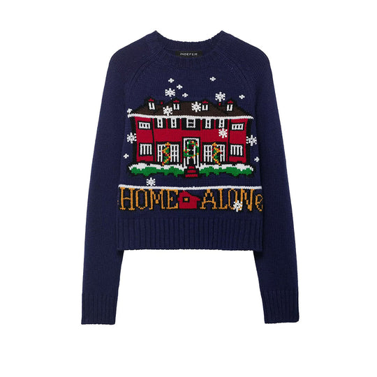 Damen Cropped-Weihnachtspullover mit Intarsia-Hausmotiv und Rundhalsausschnitt Nord Taschen