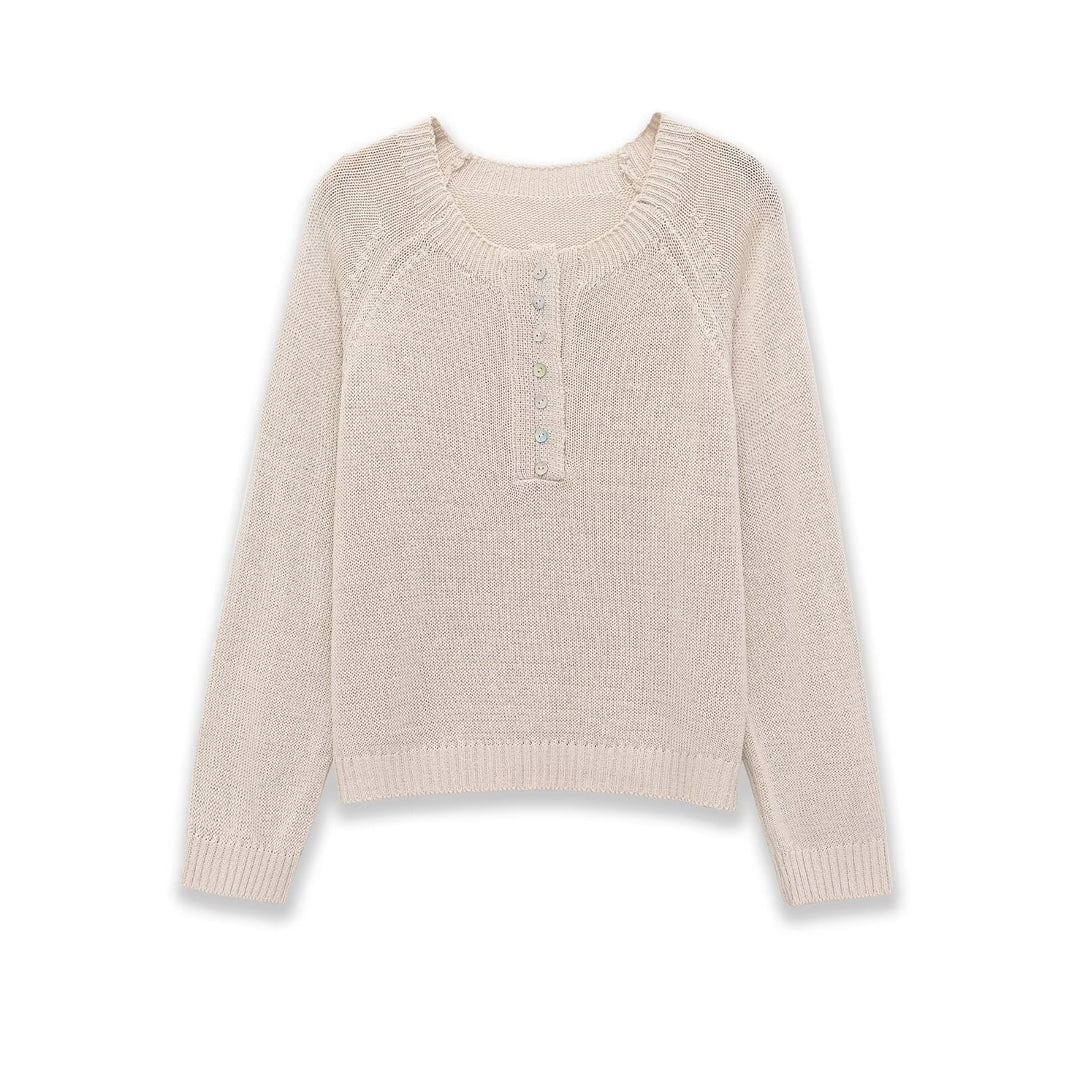 Damen Leichter Feinstrick-Pullover mit Henley-Knopfleiste Nord Taschen