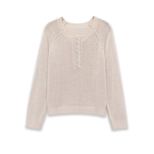 Damen Leichter Feinstrick-Pullover mit Henley-Knopfleiste Nord Taschen