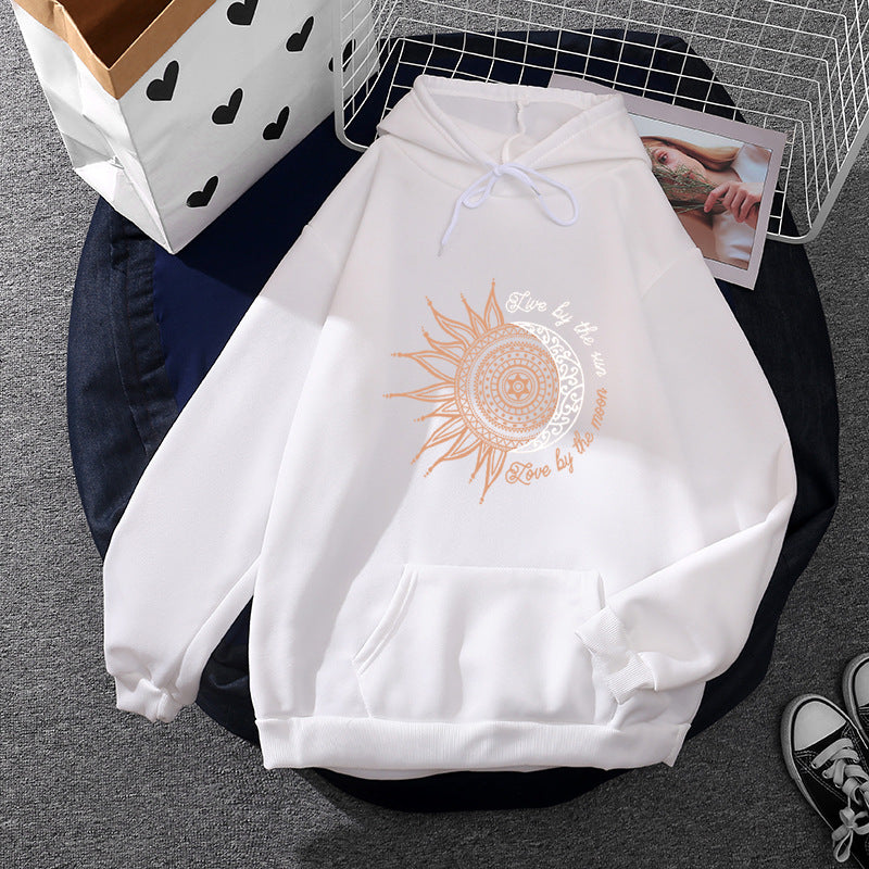 Damen nan Kapuzenpullover mit Sonn-und-Mond-Mandala, Kängurutasche und angerautem Fleece Nord Taschen
