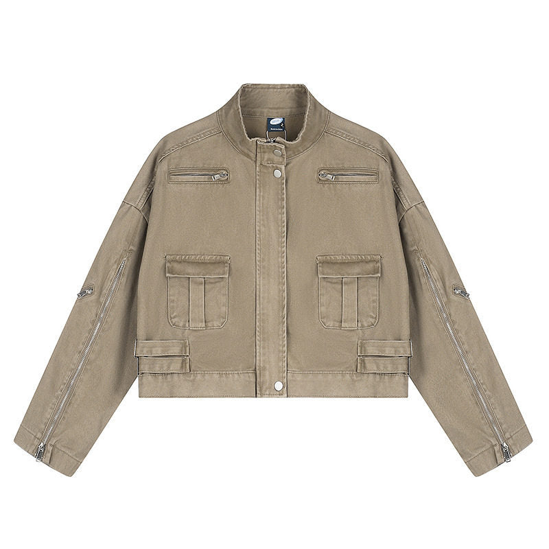 Damen Cropped Utility-Jacke mit Stehkragen, Mehrfachtaschen und Reißverschlussärmeln Nord Taschen
