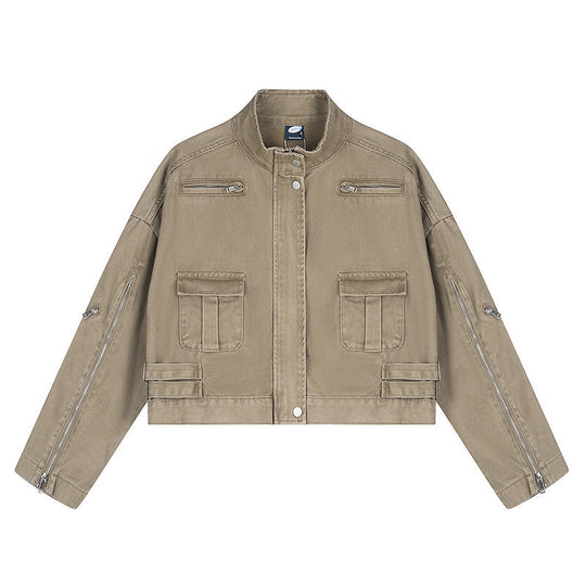 Damen Cropped Utility-Jacke mit Stehkragen, Mehrfachtaschen und Reißverschlussärmeln Nord Taschen