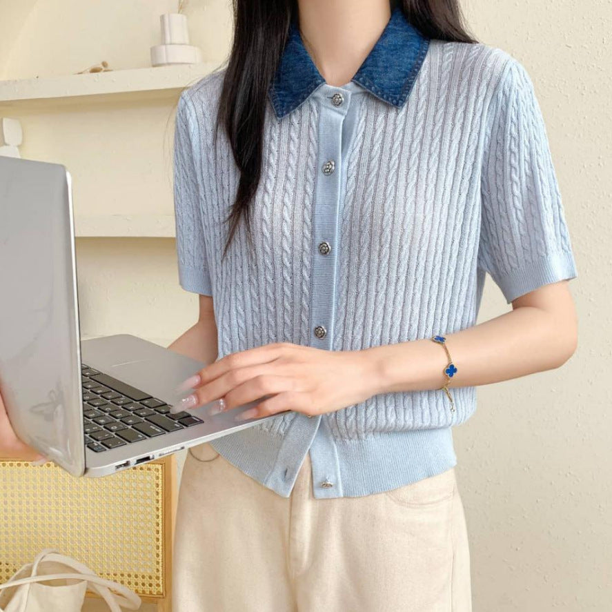 Damen Kurzarm-Strickcardigan mit Zopfmuster und kontrastierendem Jeanskragen Nord Taschen