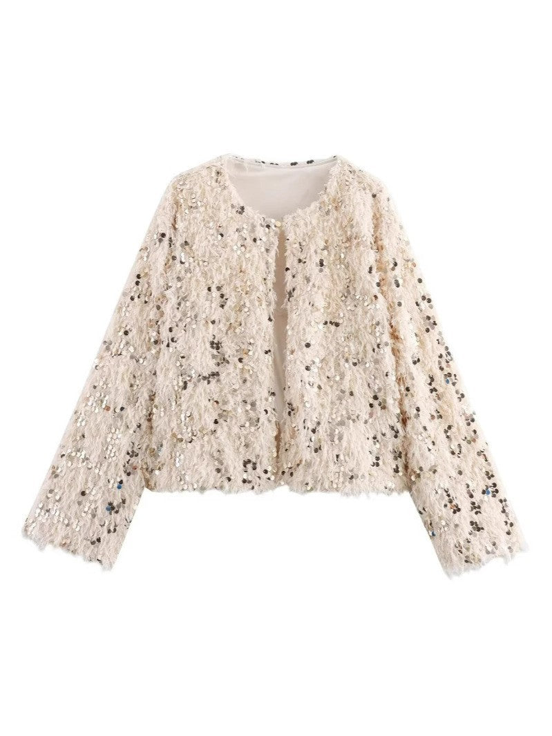 Damen Cropped‑Jacke aus flauschigem Faux‑Fur mit Paillettenbesatz Nord Taschen
