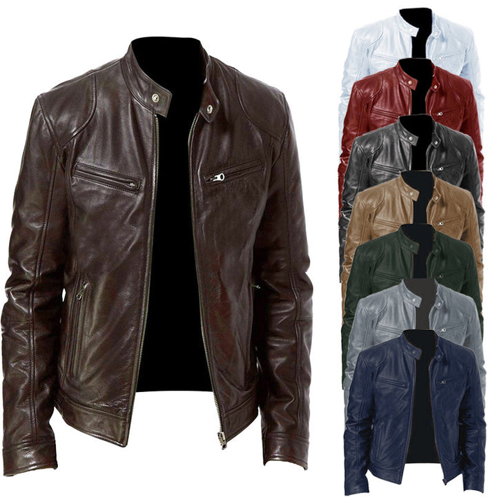 Herren schlanke Echtleder-Bikerjacke mit Stehkragen, zwei Brust-Reißverschlusstaschen und geradliniger Silhouette Nord Taschen
