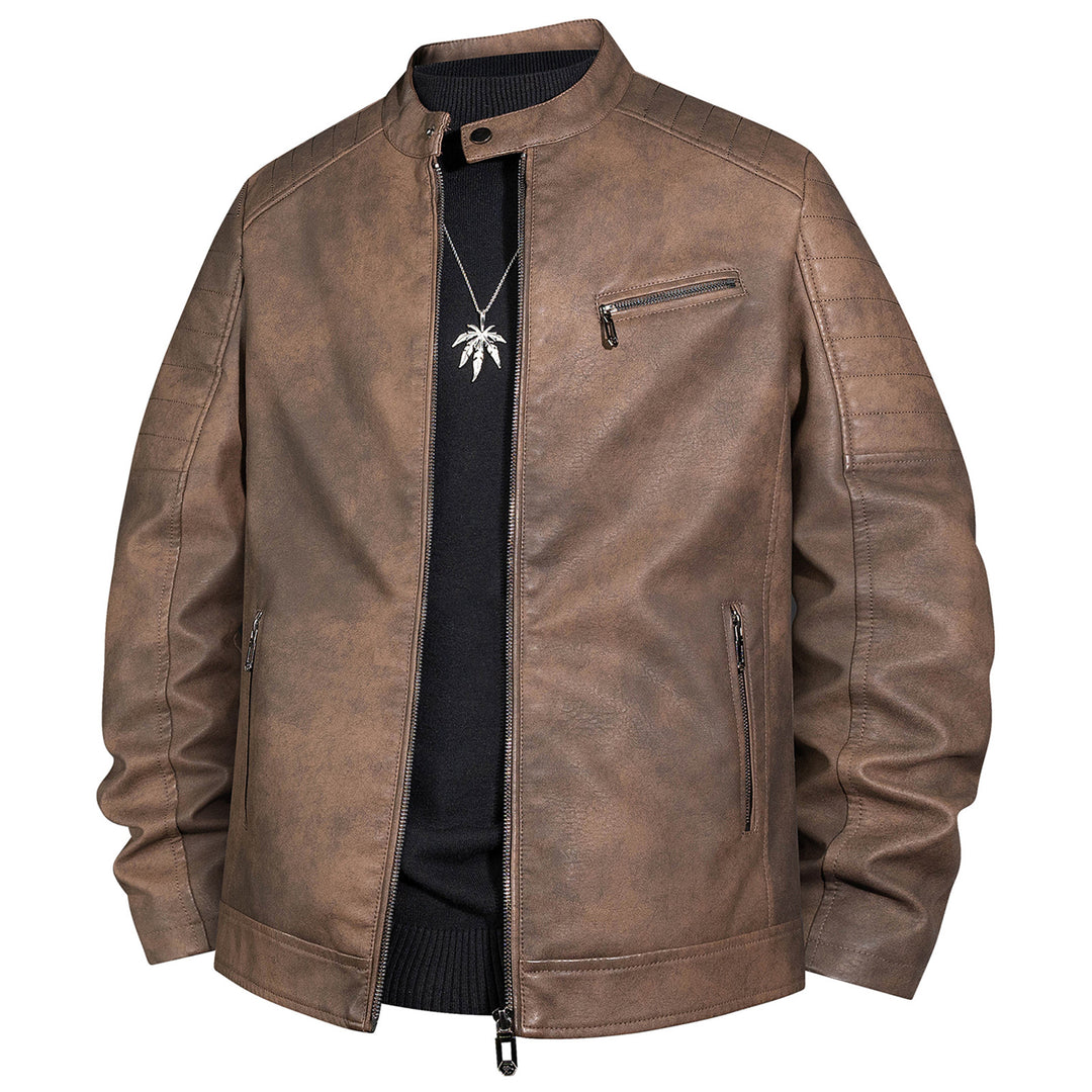 Herren Bikerjacke aus Kunstleder mit Stehkragen und gesteppter Schulter Nord Taschen