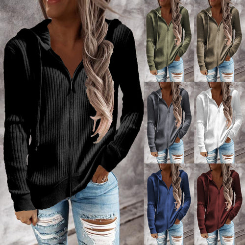 Damen Kapuzenjacke im modernen Rippenstrickdesign mit Taschen