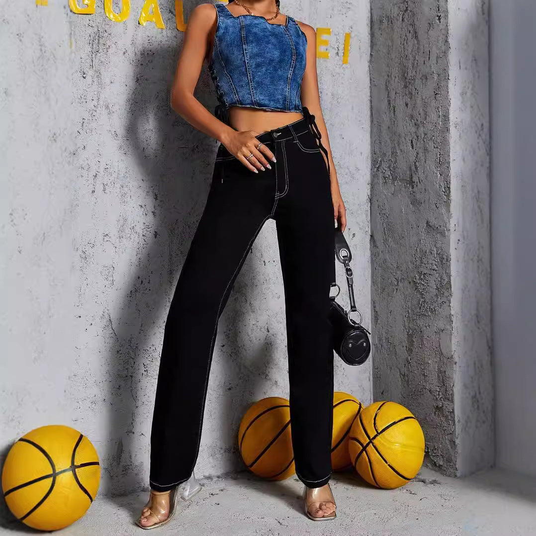 Damen High‑Waist gerade geschnittene Jeans mit Kontrastnähten Nord Taschen