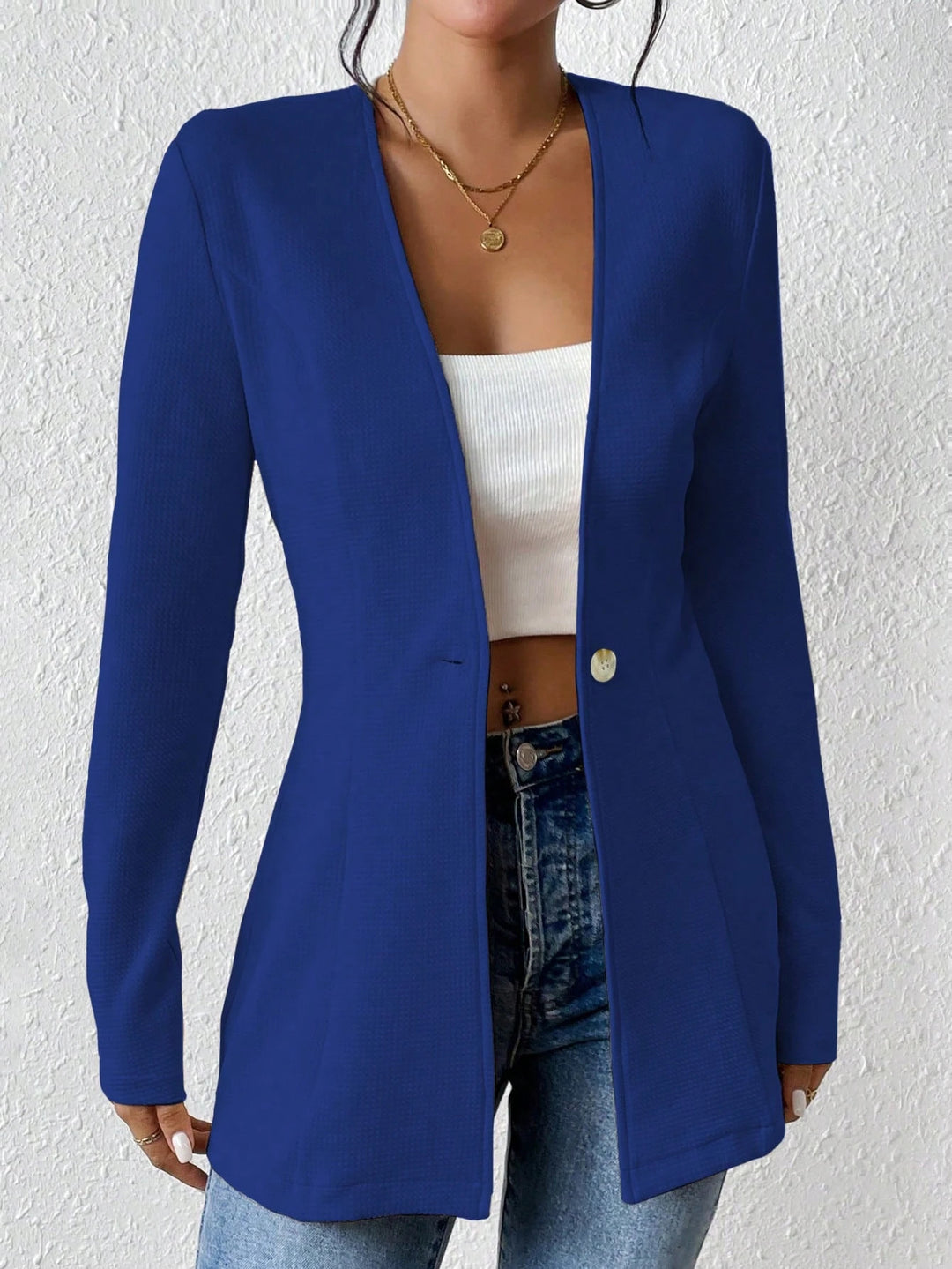 Damen Taillierter Longblazer mit V-Ausschnitt und Ein-Knopf-Verschluss Nord Taschen