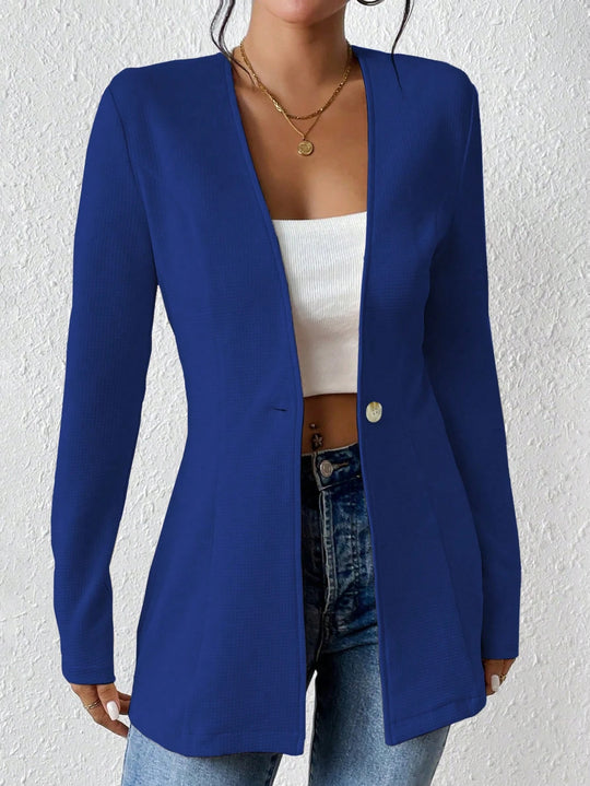 Damen Taillierter Longblazer mit V-Ausschnitt und Ein-Knopf-Verschluss Nord Taschen