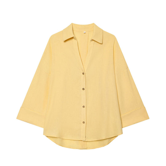 Damen Oversized Leinenbluse mit Kimonoärmeln und durchgehender Knopfleiste Nord Taschen
