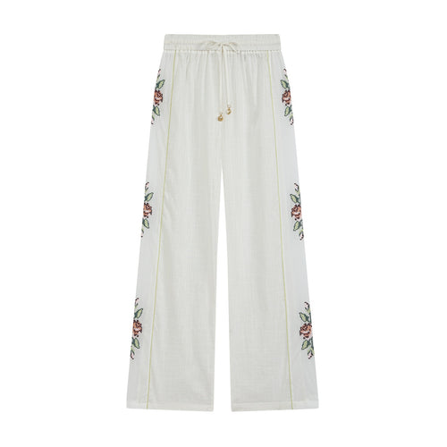 Damen Weite Leinen‑Optik Hose mit Tunnelzugbund und seitlicher Blumenstickerei Nord Taschen