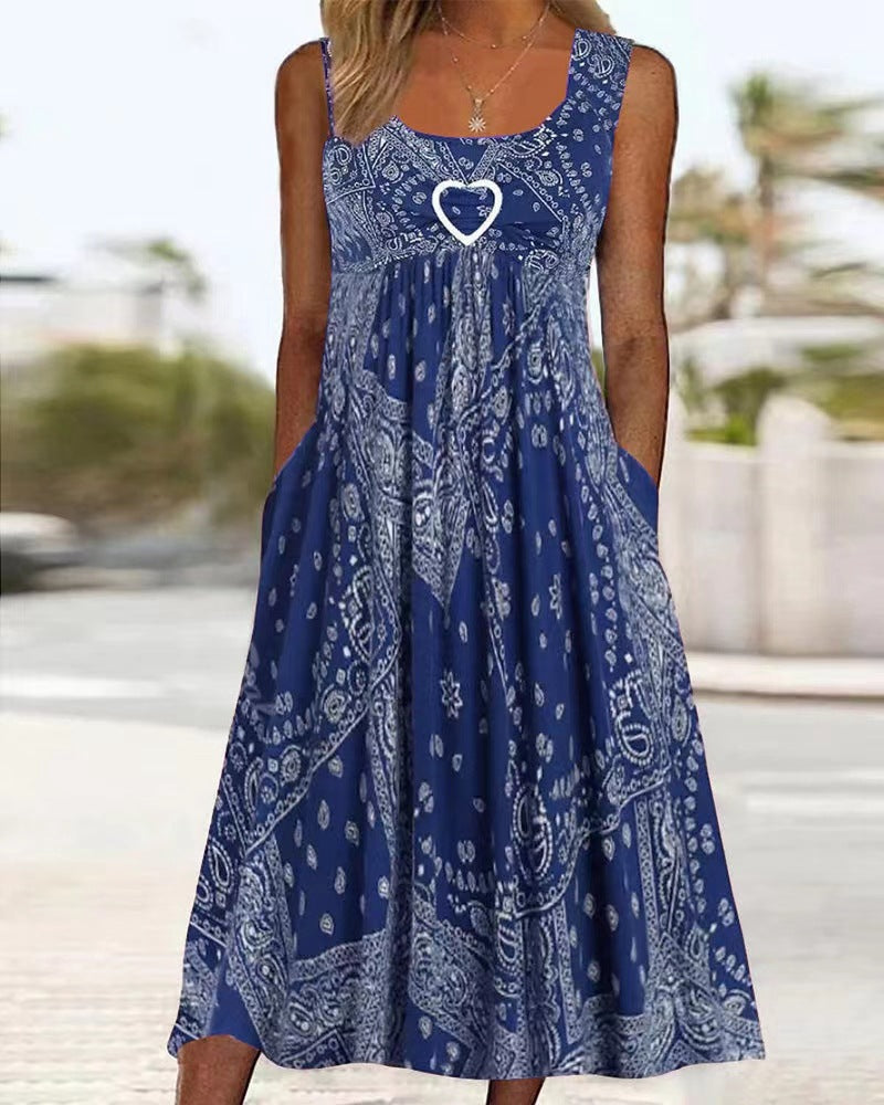 Damen nan luftiges Maxi-Kleid mit Paisley-Bandana-Print, geraffter Empire-Taille und praktischen Seitentaschen