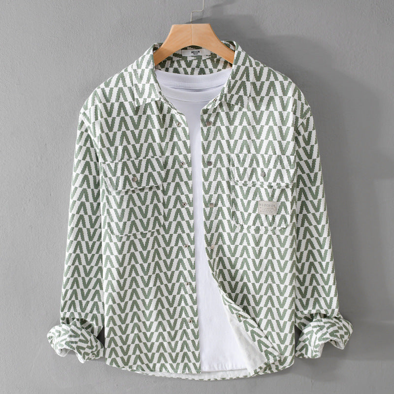 Herren Gemustertes Overshirt aus Baumwollmix mit geometrischem V‑Muster, aufgesetzten Brusttaschen und Relaxed‑Fit Nord Taschen