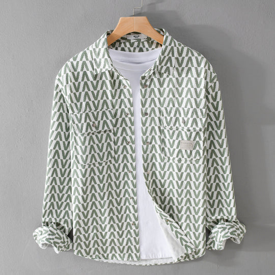 Herren Gemustertes Overshirt aus Baumwollmix mit geometrischem V‑Muster, aufgesetzten Brusttaschen und Relaxed‑Fit Nord Taschen