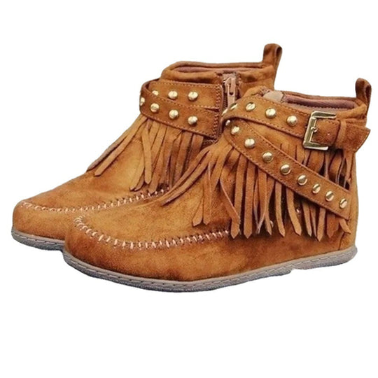 Damen Fransen-Ankleboots im Mokassinstil mit Ziernaht, Schnallenriemen und weicher Gummisohle Nord Taschen