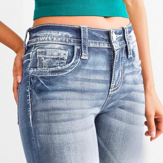 Damen Cropped-Jeans im Capri-Schnitt mit taillenhoher Passform und dezenter Used-Waschung Nord Taschen
