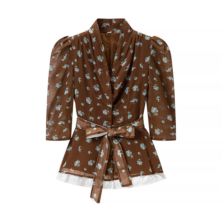 Damen Zweiteiliges Blazer-Top mit Wickelgürtel und Midirock im Vintage-Blumenprint Nord Taschen