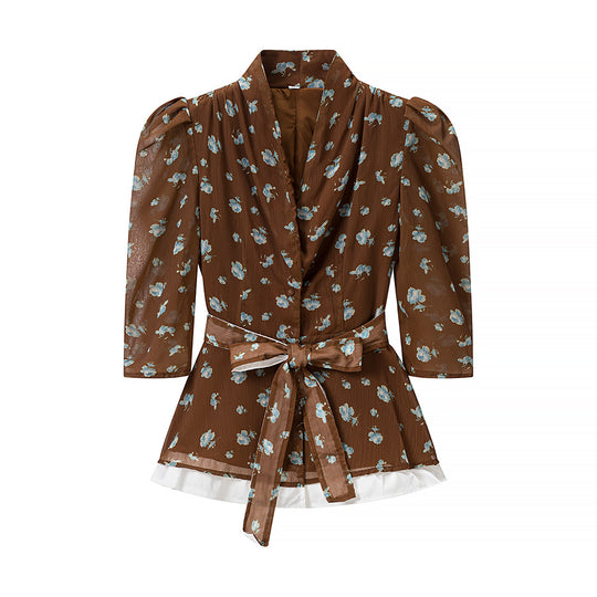 Damen Zweiteiliges Blazer-Top mit Wickelgürtel und Midirock im Vintage-Blumenprint Nord Taschen