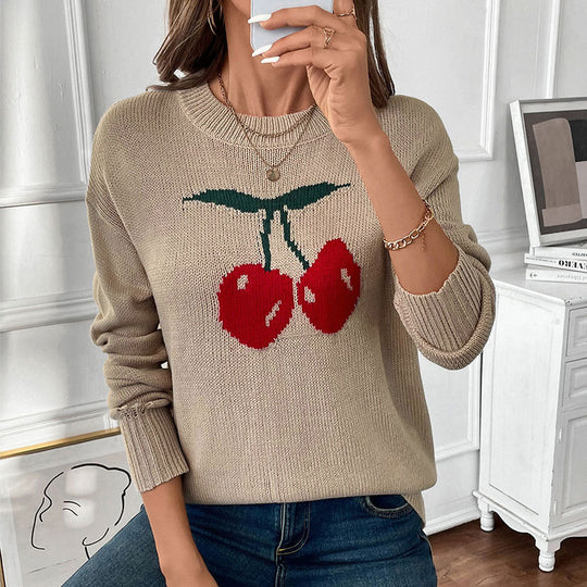 Damen Lässiger Pullover mit Kirschapplikationen Nord Taschen