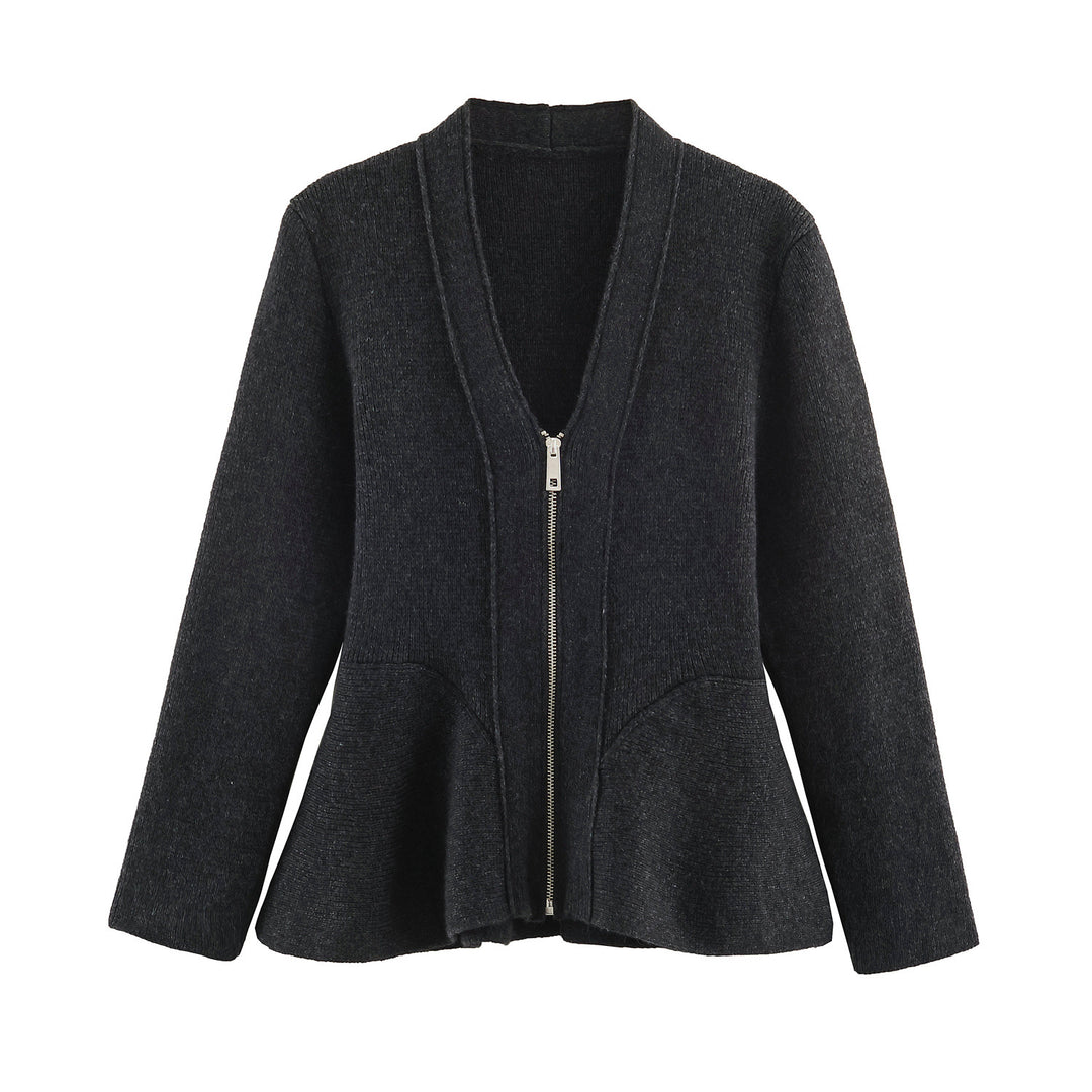 Damen Strickjacke mit Reißverschluss und Peplum-Schnitt Nord Taschen