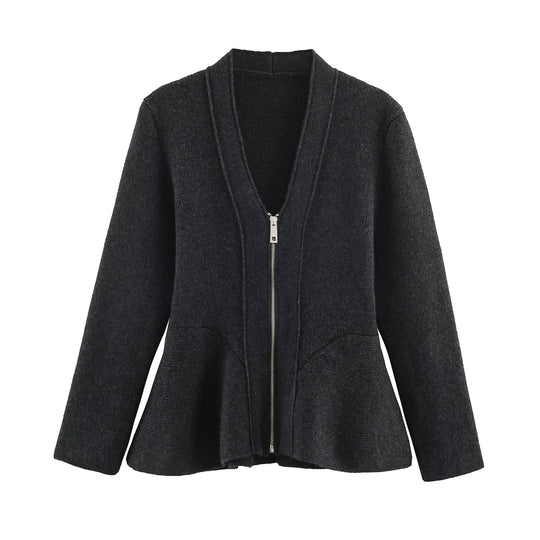 Damen Strickjacke mit Reißverschluss und Peplum-Schnitt Nord Taschen
