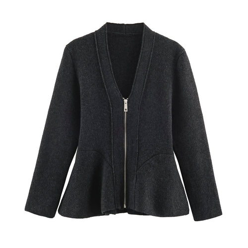 Damen Strickjacke mit Reißverschluss und Peplum-Schnitt Nord Taschen