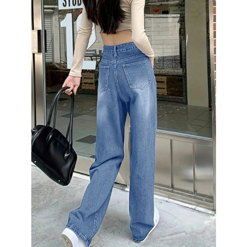 Damen weite High-Waist Baggy-Jeanshose mit geradem Bein Nord Taschen