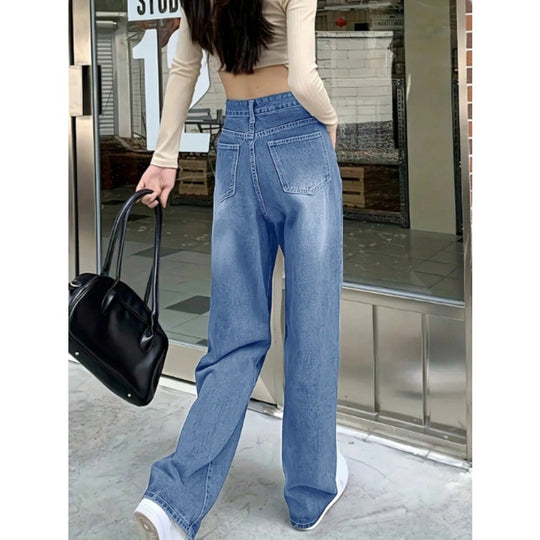 Damen weite High-Waist Baggy-Jeanshose mit geradem Bein Nord Taschen
