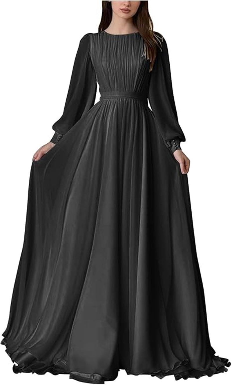 Damen Maxi-Party Kleid mit langen fließenden Ärmeln und Spitzenakzenten
