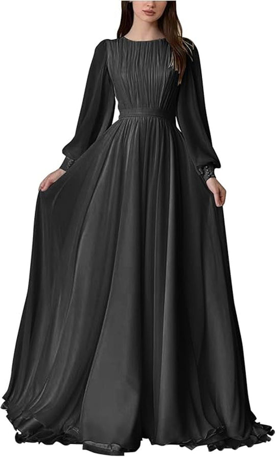 Damen Maxi-Party Kleid mit langen fließenden Ärmeln und Spitzenakzenten